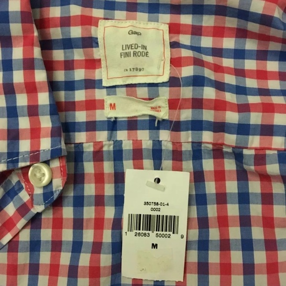 GAP Lived-in Long Sleeve Shirt Red Blue Plaid Checkered Front Button Mens Size M - Picture 3 of 7